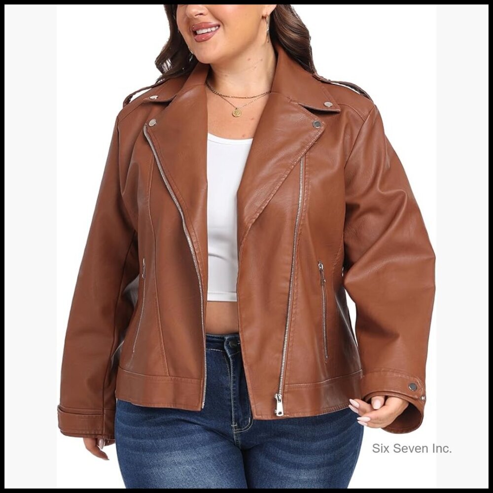 Women's Plus Size Faux Leather Moto Jacket with Lapel Collar